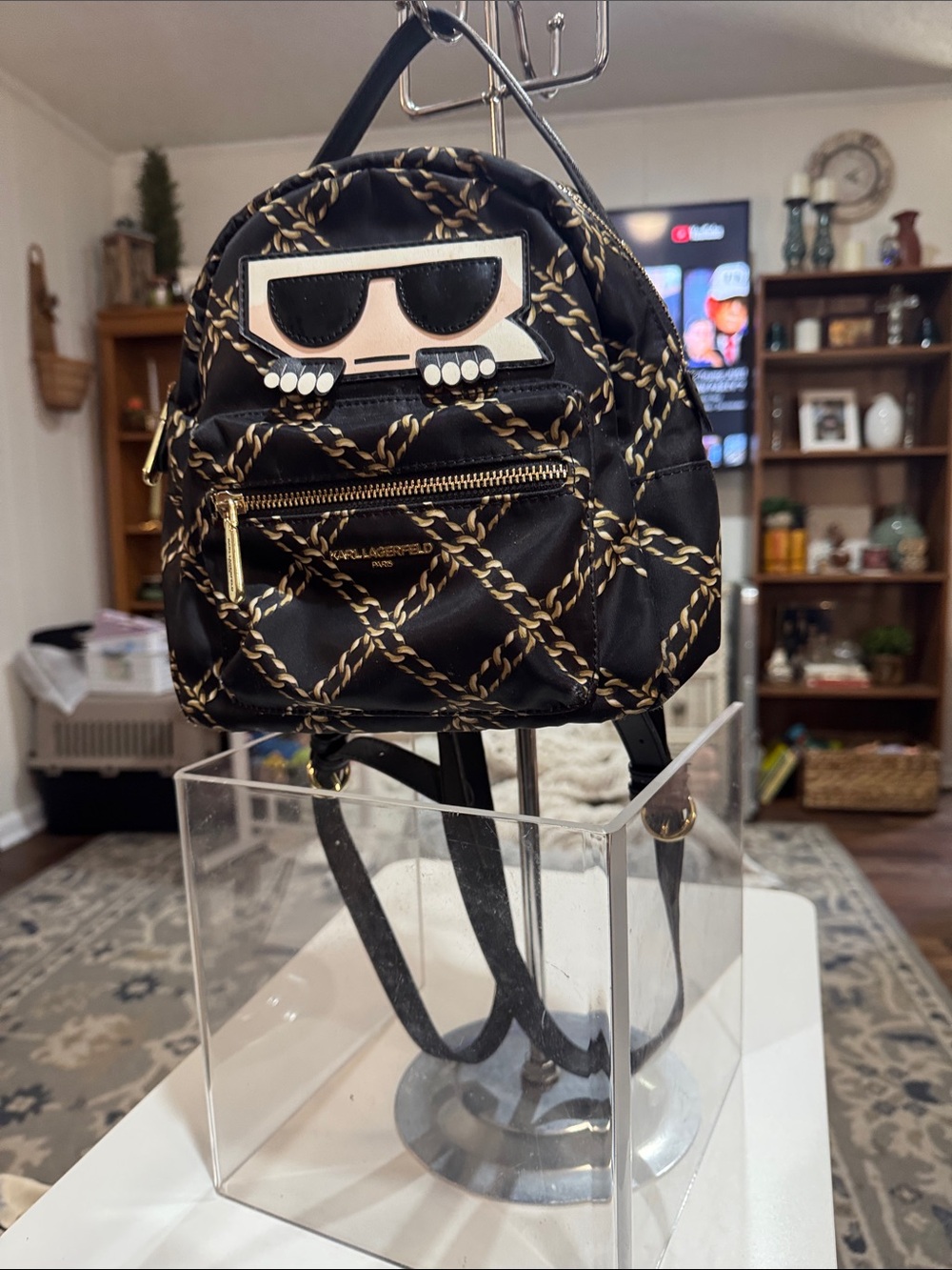Karl Lagerfeld Black Mini Backpack with Gold Rope Print